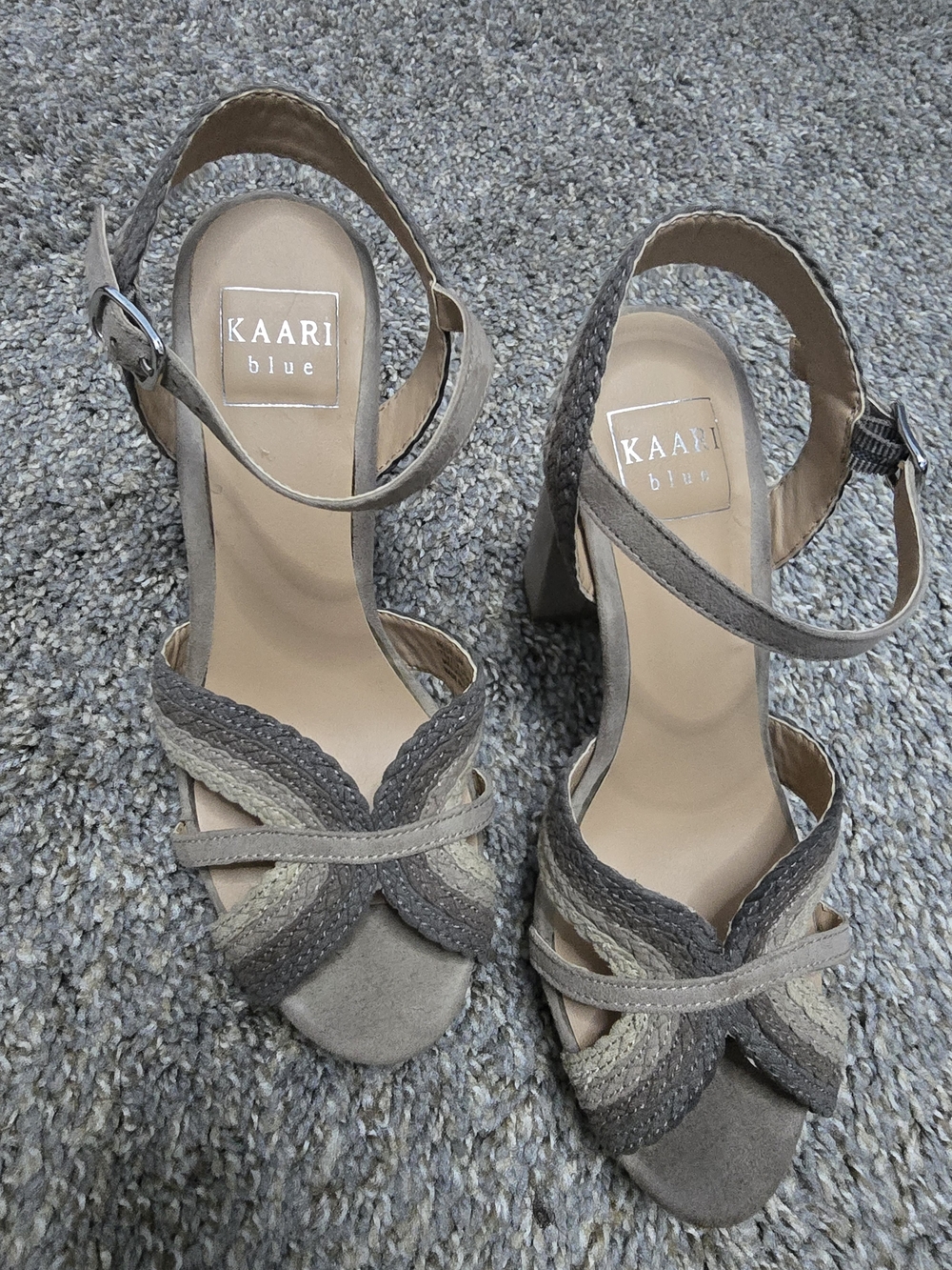 Kaari Blue Taupe Braided Suede Block Heel Sandals